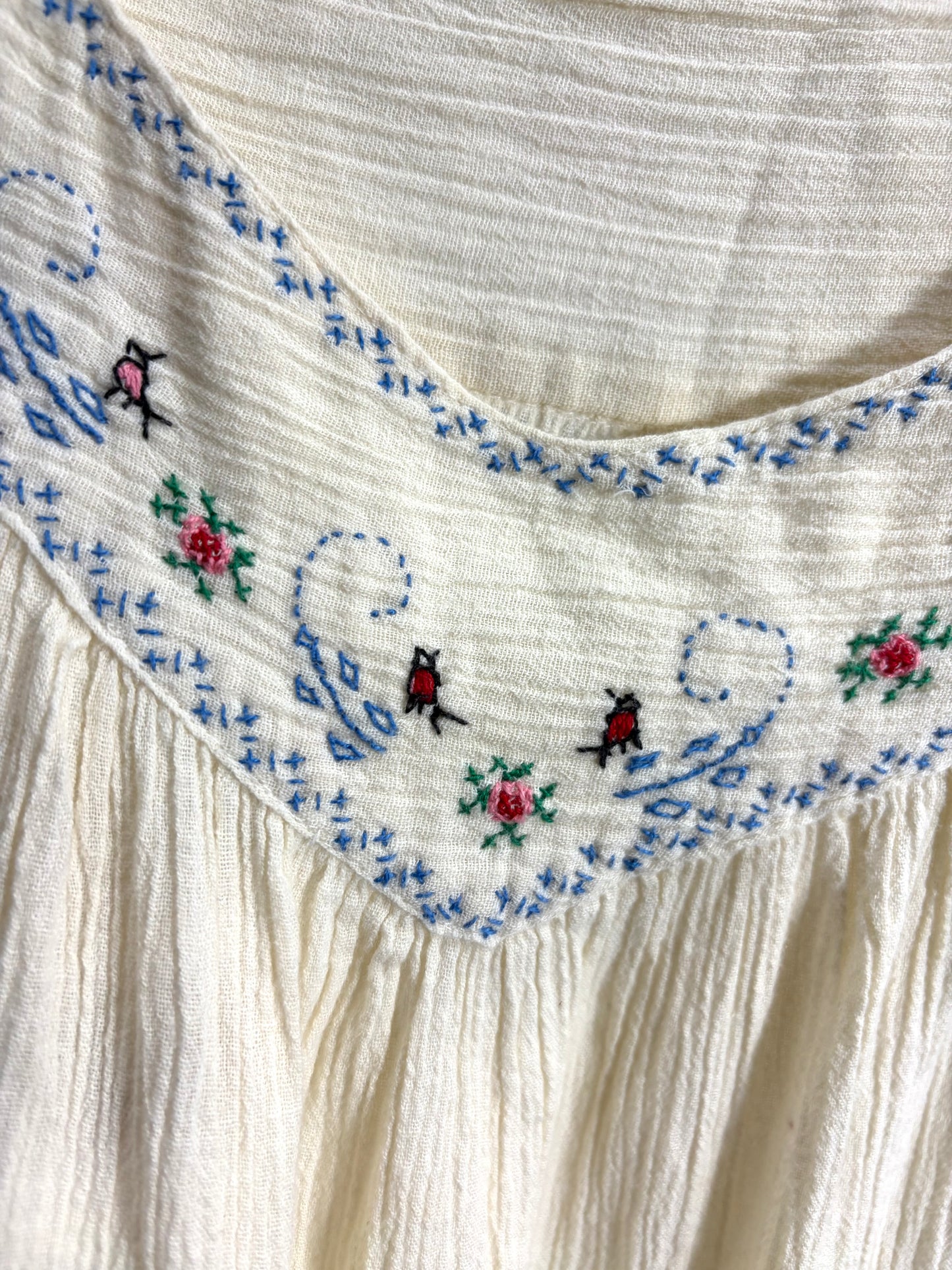 1970s White Gauzy Hand Embroidred Tie Strap Dress