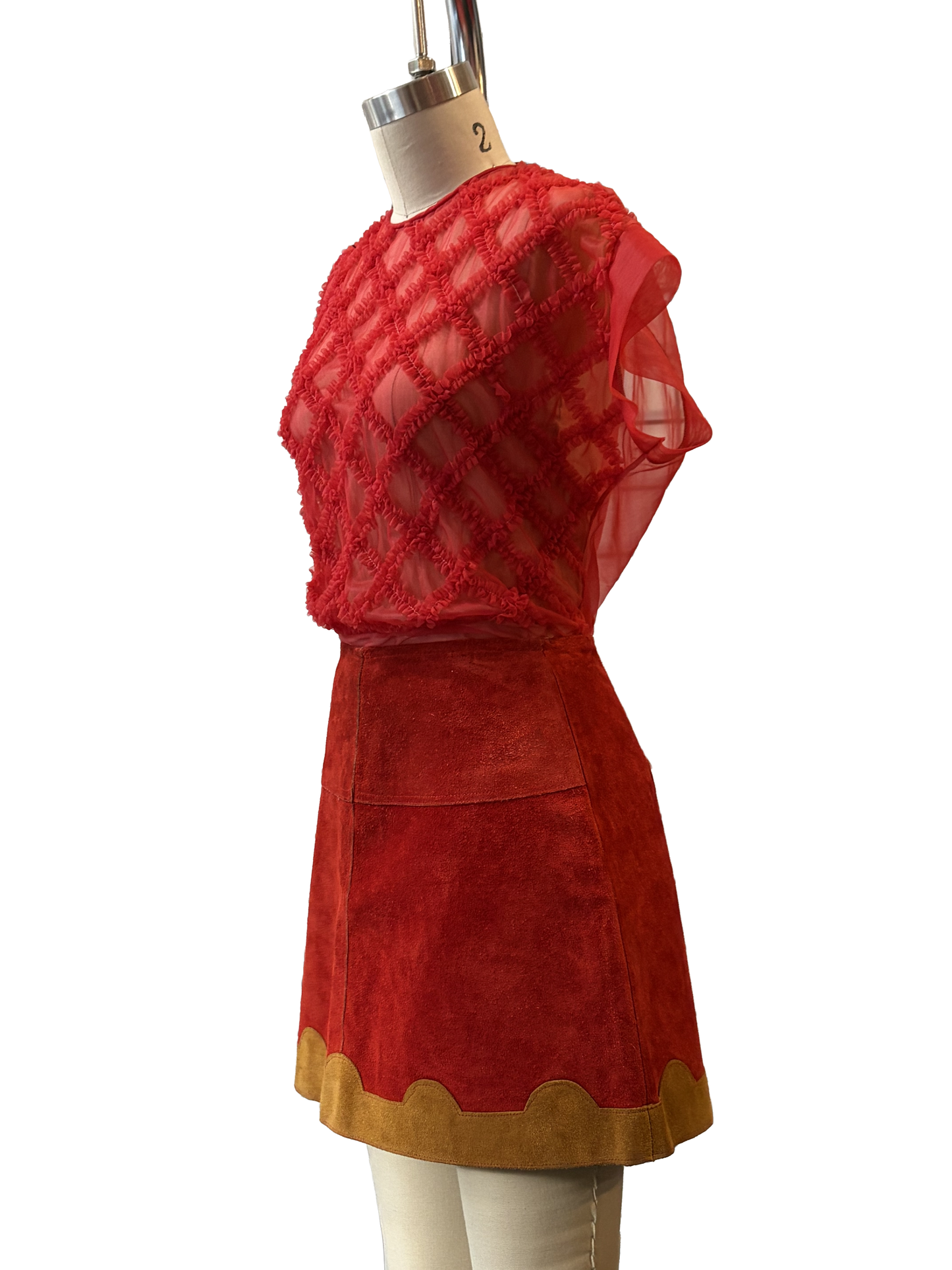 1960s Red Ruched Crosshatch Sheer Nylon Top