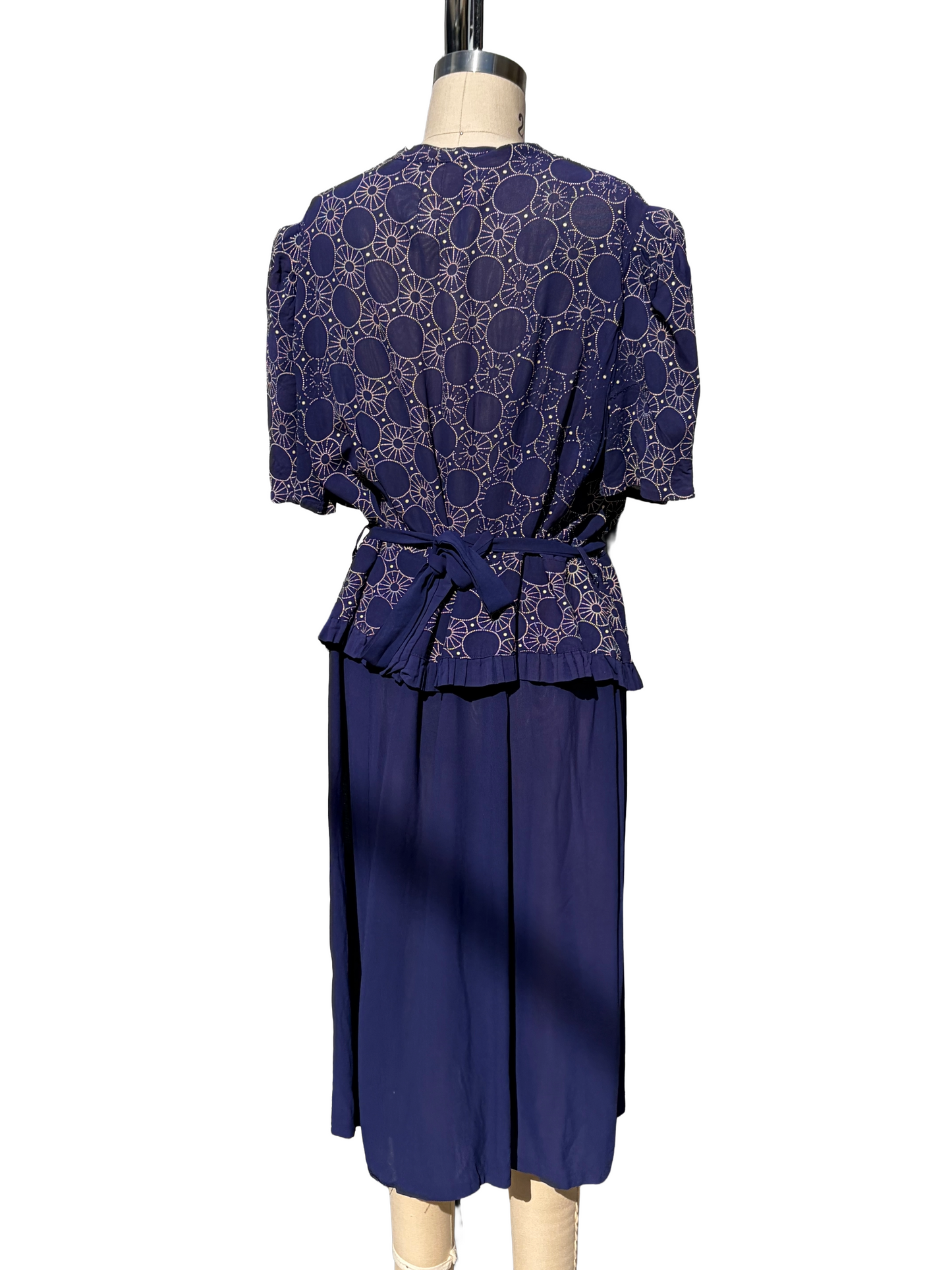 1940s Navy Rayon Circles Print Peplum Sash Belt Dress