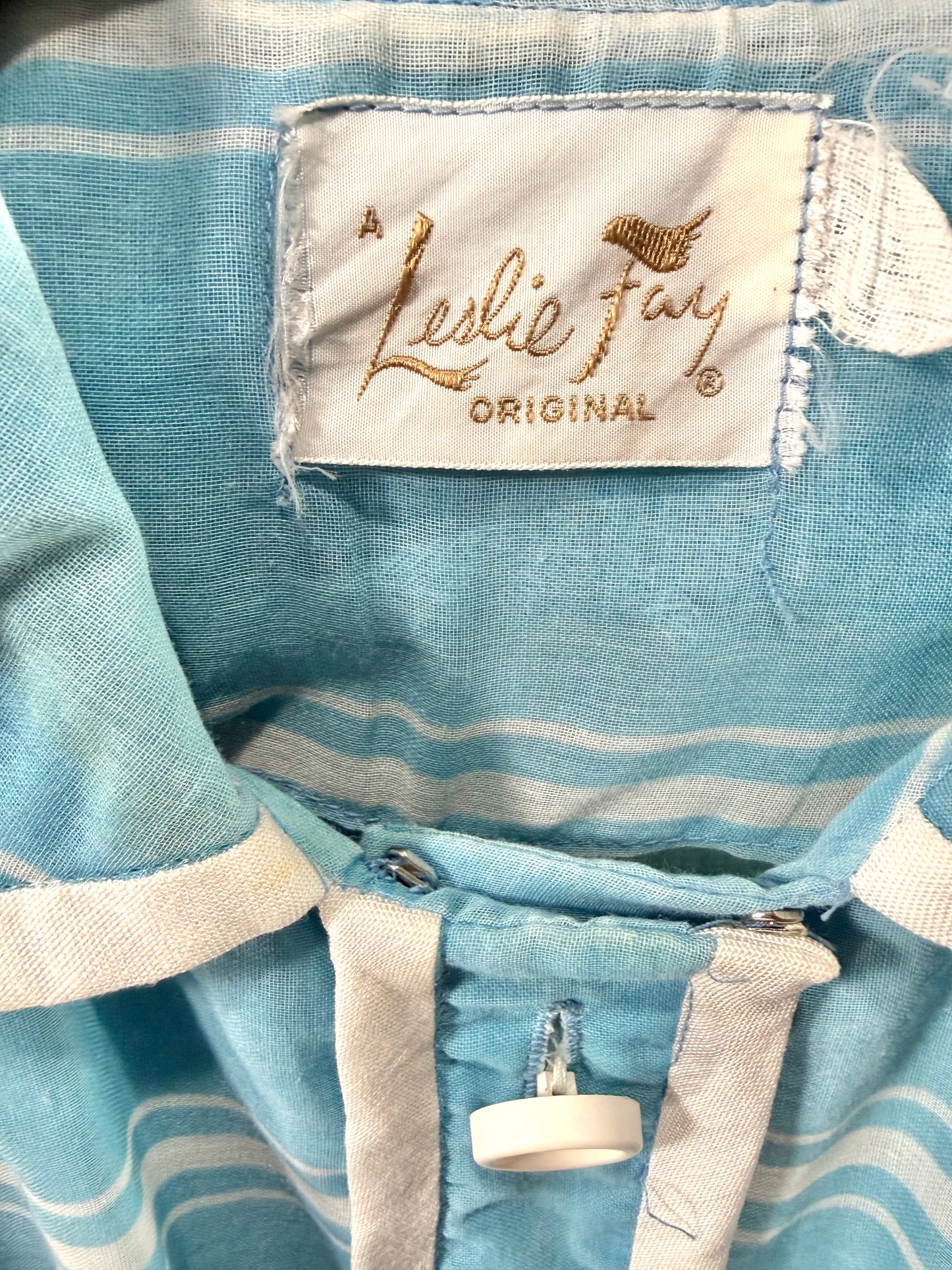 1970s Baby Blue White Striped 'Leslie Fay' Dress