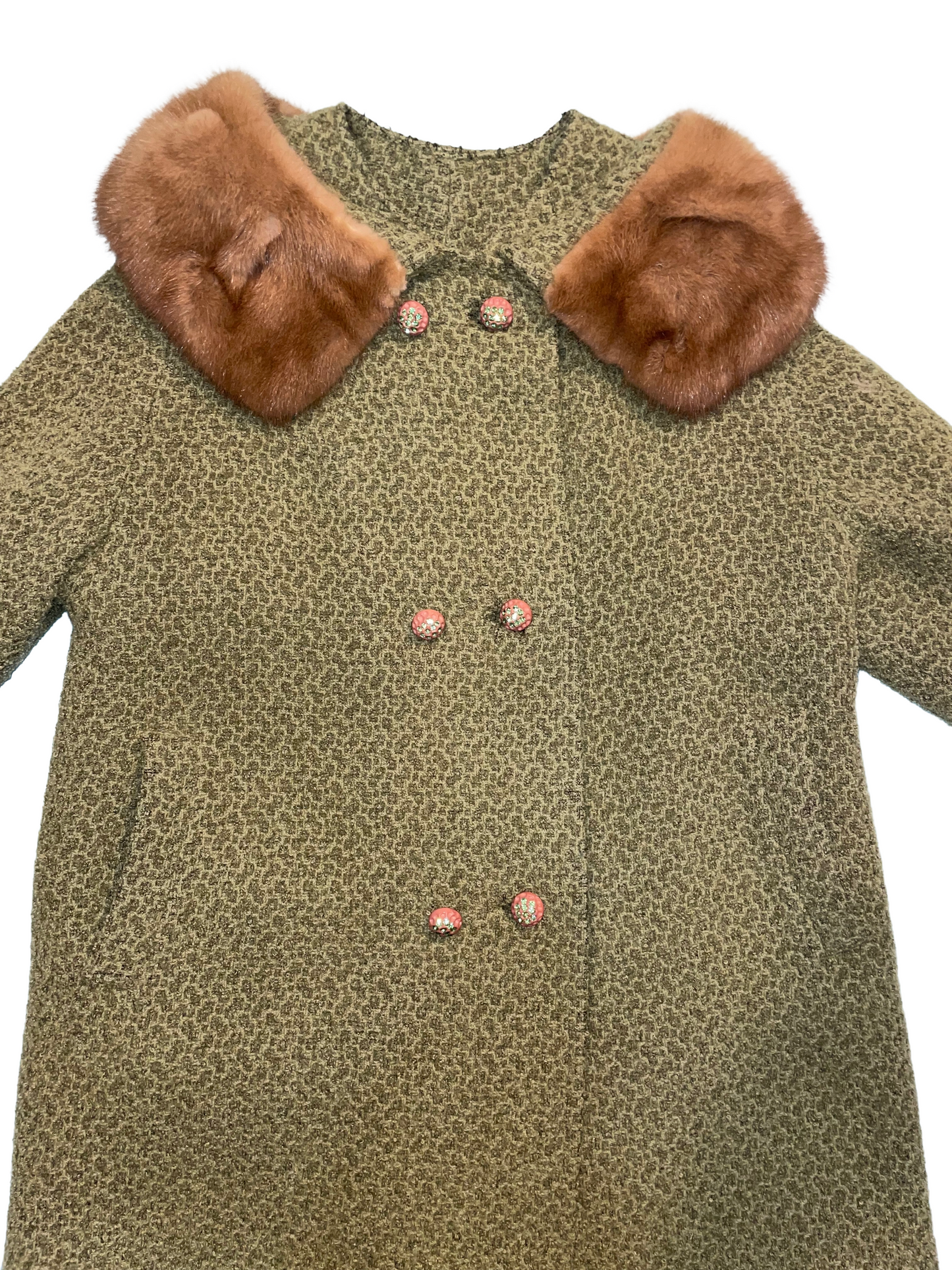 1960s Green Boucle Rhinestone Button Coat