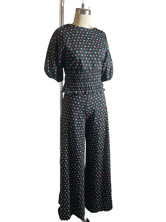 1970s Black Neon Geometry Puff Sleeve Wide Leg Set