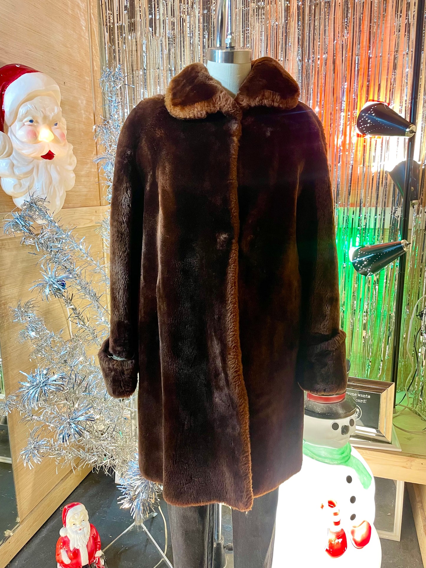 1940s-50s Brown Plush Mouton Lamb Fur Evening Coat