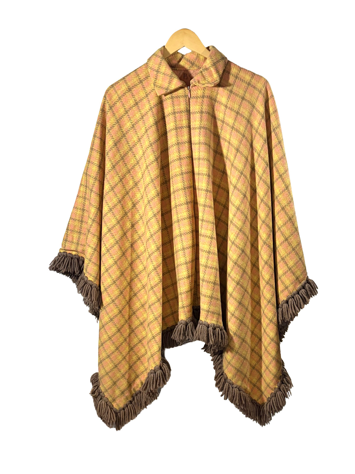 1960s Pink Sugar Cookie Plaid Wool Fringe Poncho Skirt Set