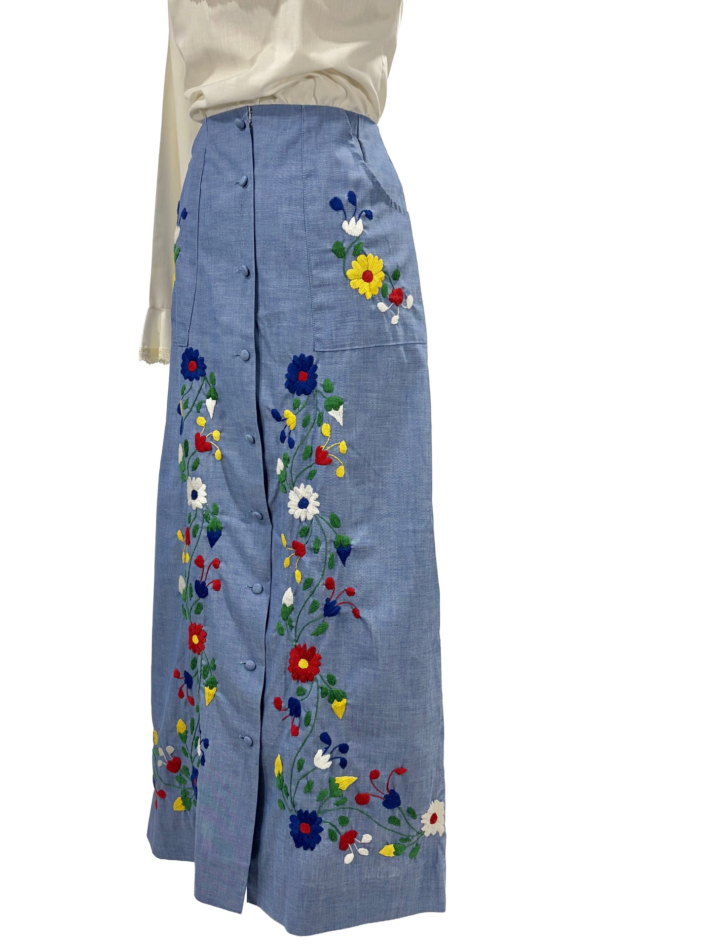 1970s Chambray Full Placket Embroidered Maxi Skirt