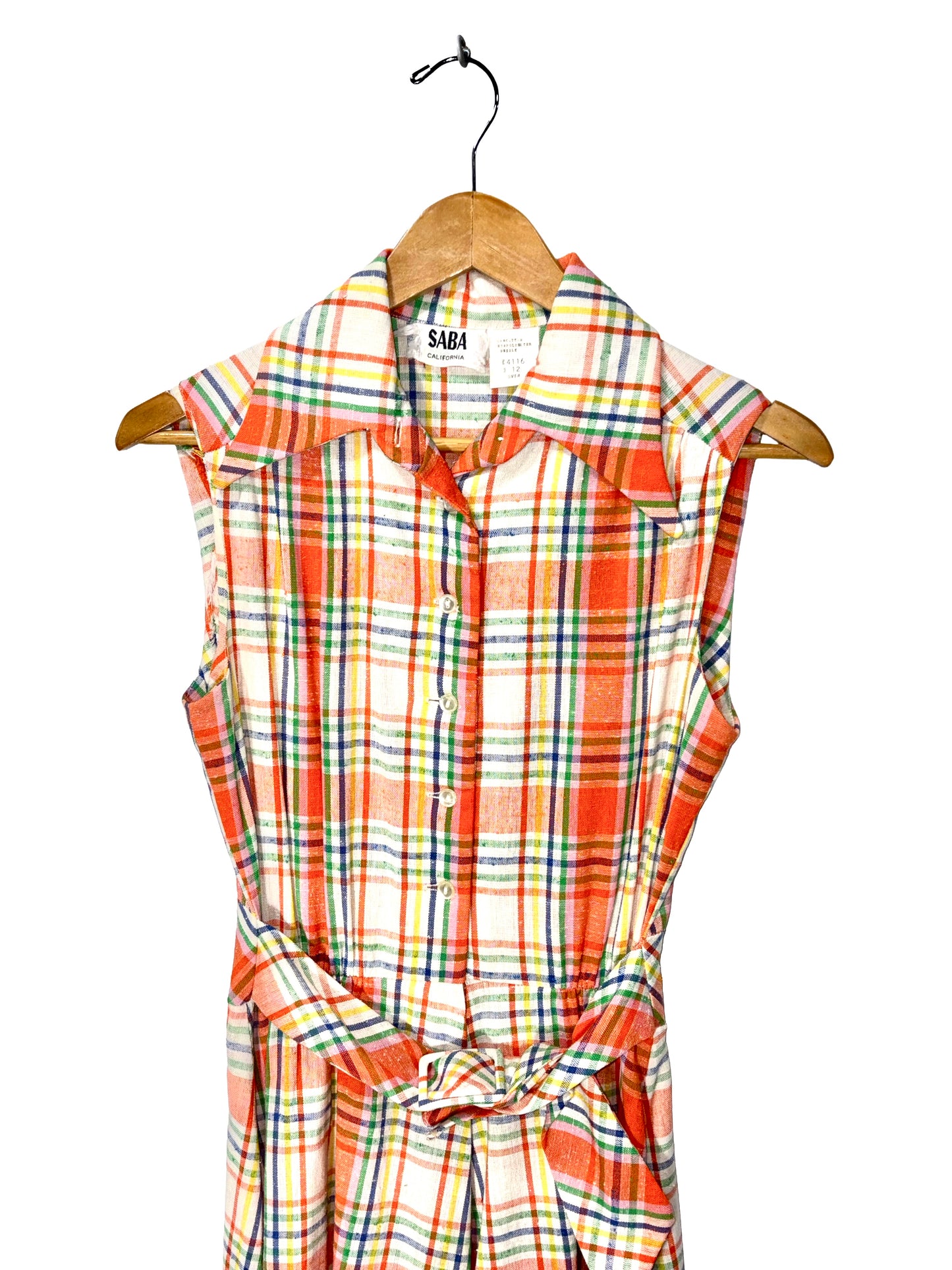 1970s Orange Plaid Saba Sleeveless Fit and Flare Dress