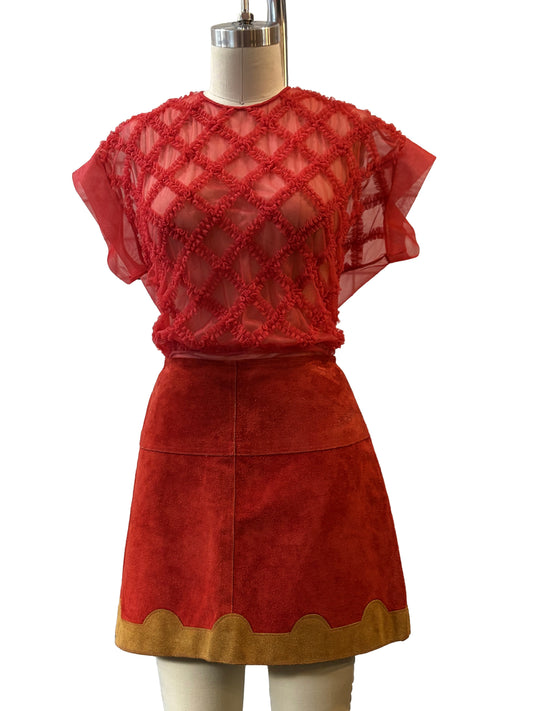 1960s Red Ruched Crosshatch Sheer Nylon Top