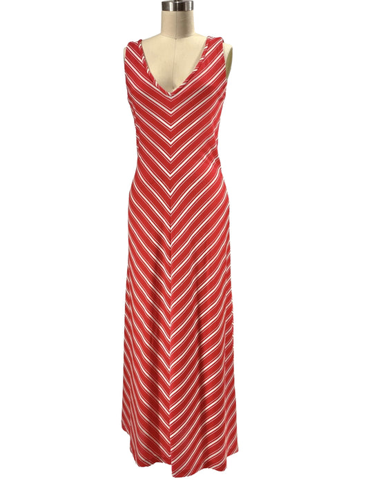 1970s Red White Chevron Stripe V-Neck Summer Dress