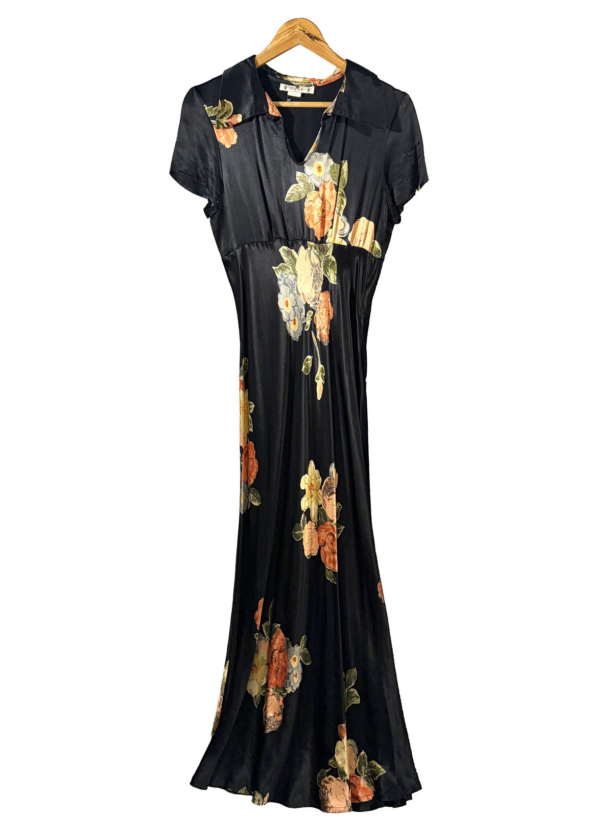 1990s Black Romantic Floral Satin Babydoll Maxi Dress