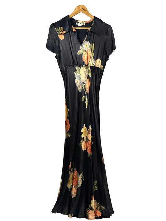 1990s Black Romantic Floral Satin Babydoll Maxi Dress