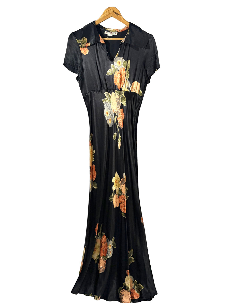 1990s Black Romantic Floral Satin Babydoll Maxi Dress