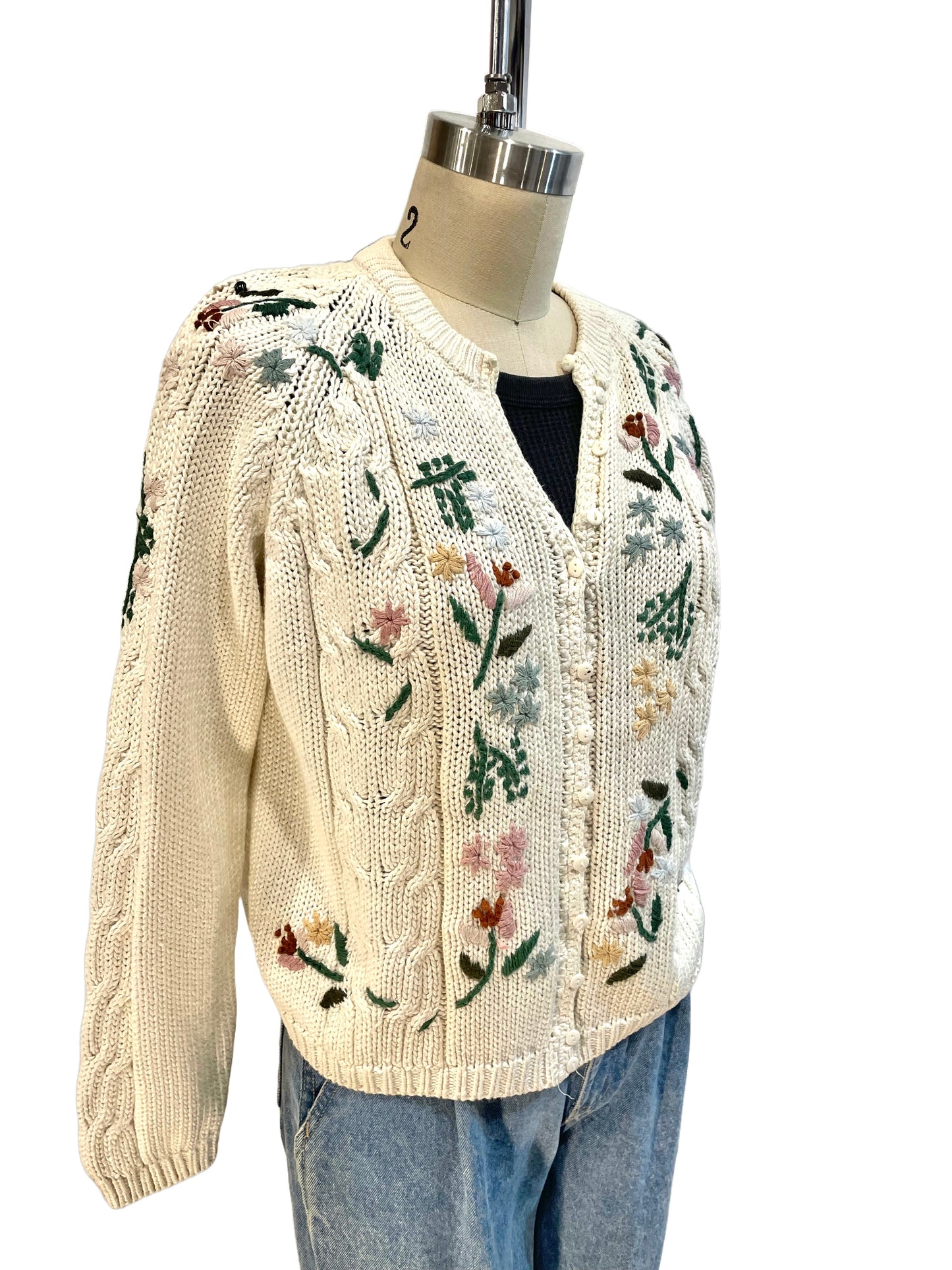 1980s White Ramie-Cotton Embroidered Cable Crop Cardi