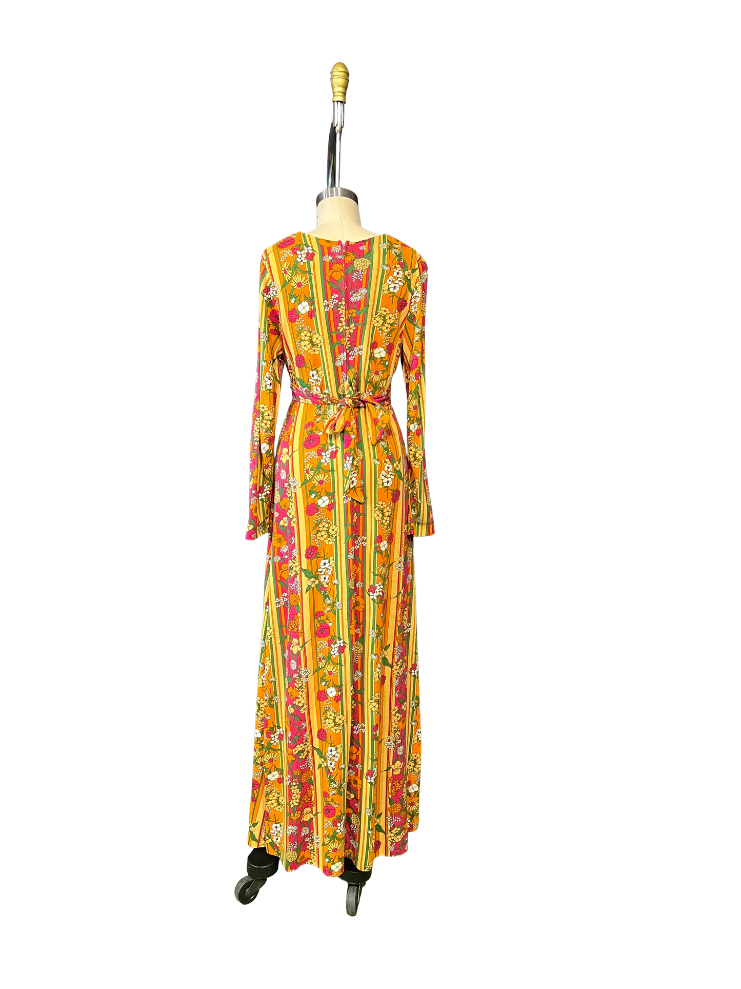 1970s Yellow Pink Orange Green Floral Stripe Cotton Fine Knit Maxi Dress