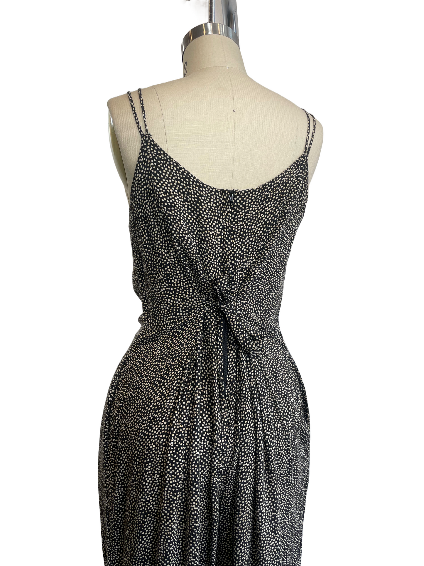 1980s Black Tan Dotted Rayon Jumpsuit