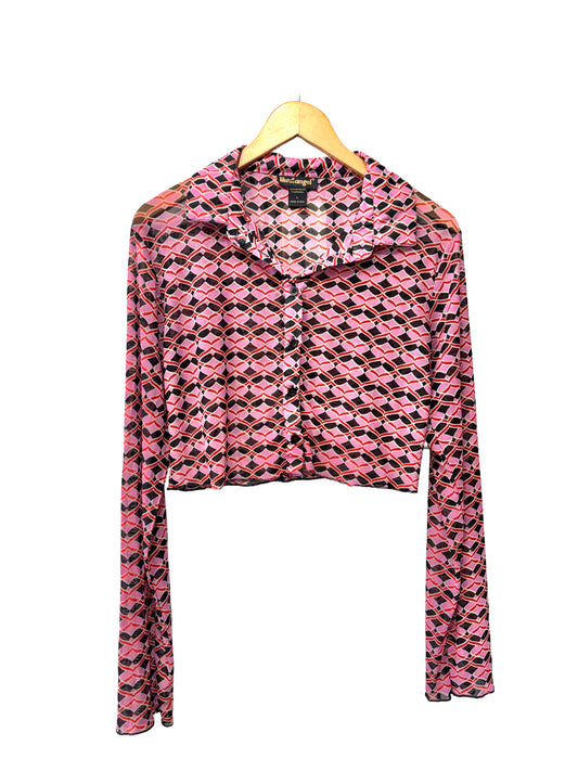 2000s Pink Black Geo Print Stretch Mesh Bell Sleeve Crop Blouse