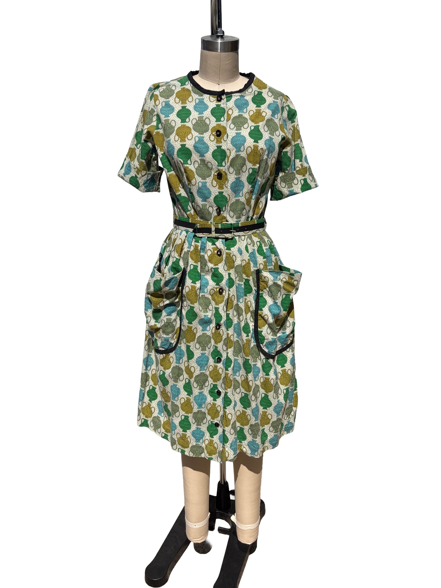 1950s Blue Green Vases Novelty Print Belted Day Dress