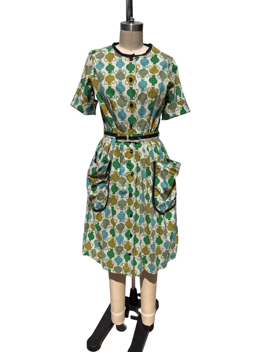 1950s Blue Green Vases Novelty Print Belted Day Dress
