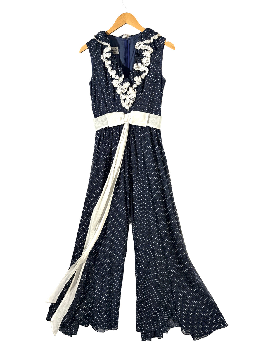 1970s Navy White Polkadot 'Miss Elliette' Jumpsuit