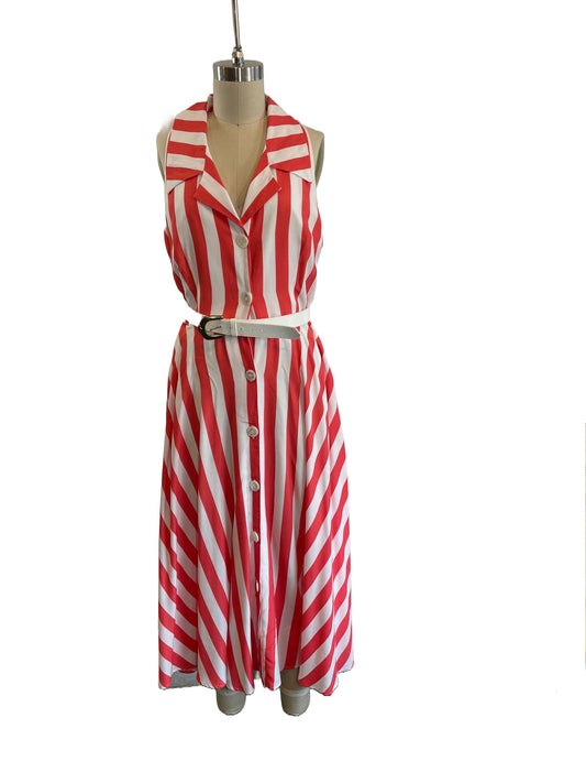1980s-does-1950s White Salmon Stripe Rayon Belted Sleeveless Dress