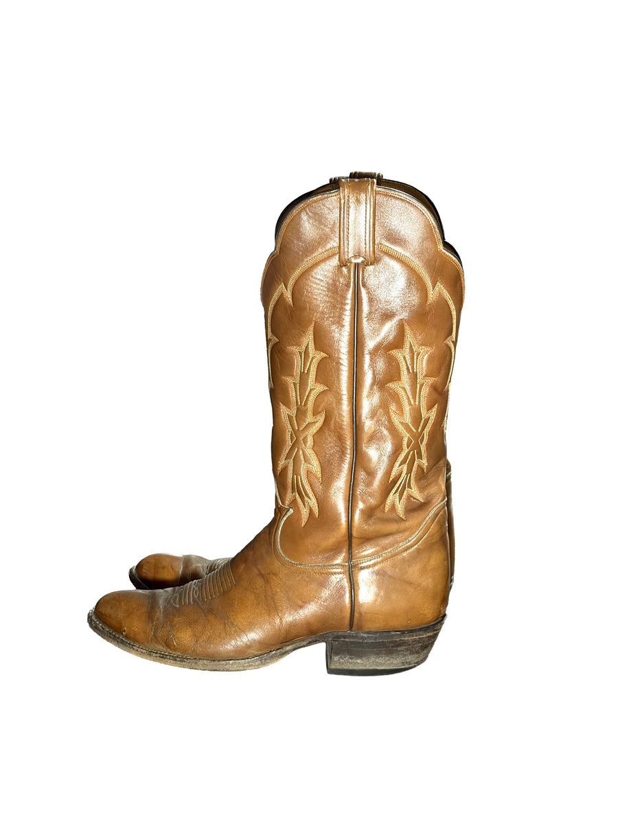 1970s Carmel Leather Embroidered Tony Lama Cowboy Boots