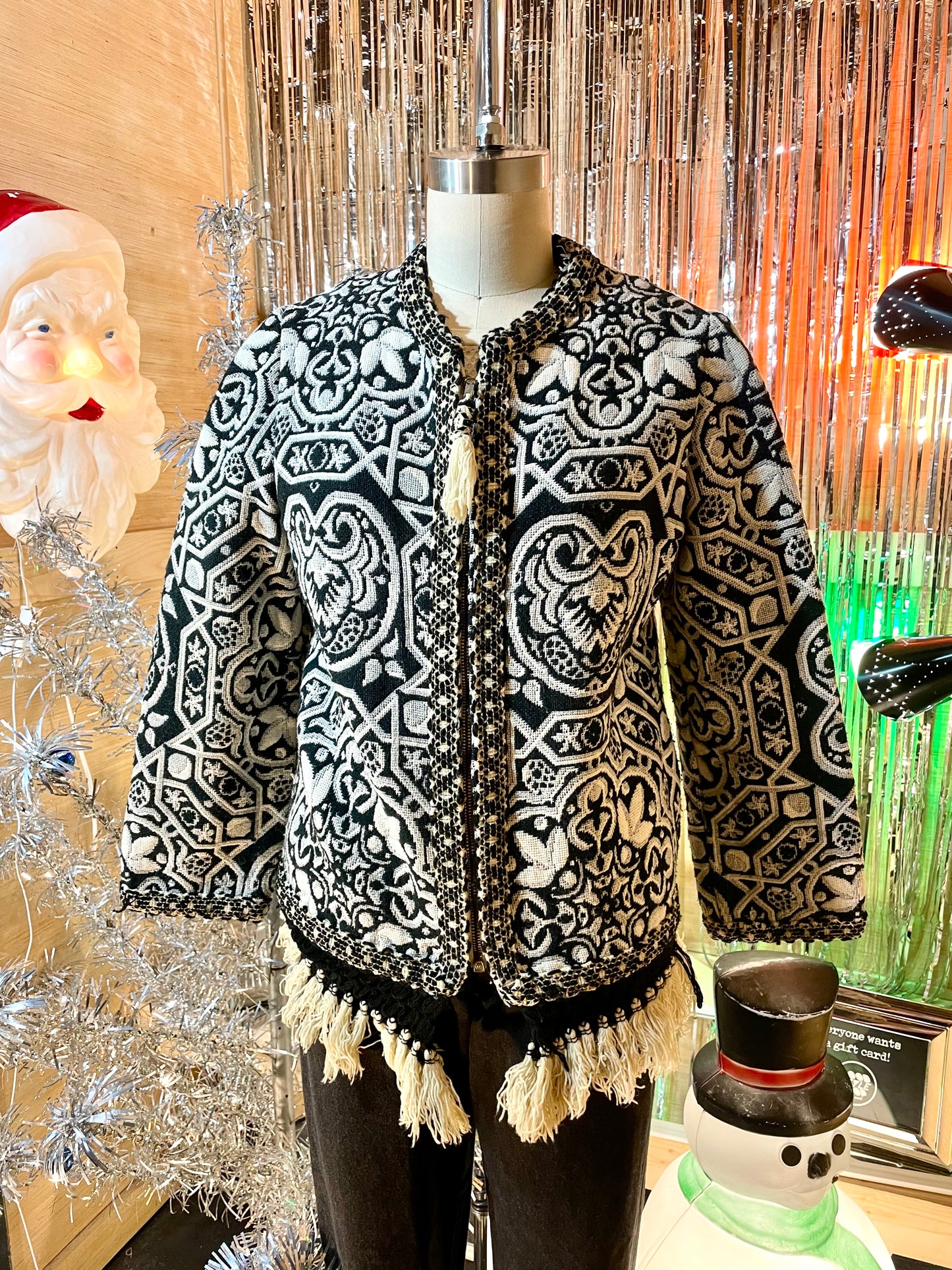 1960s Black White Cotton Tapestry Fringe Zip Jacket