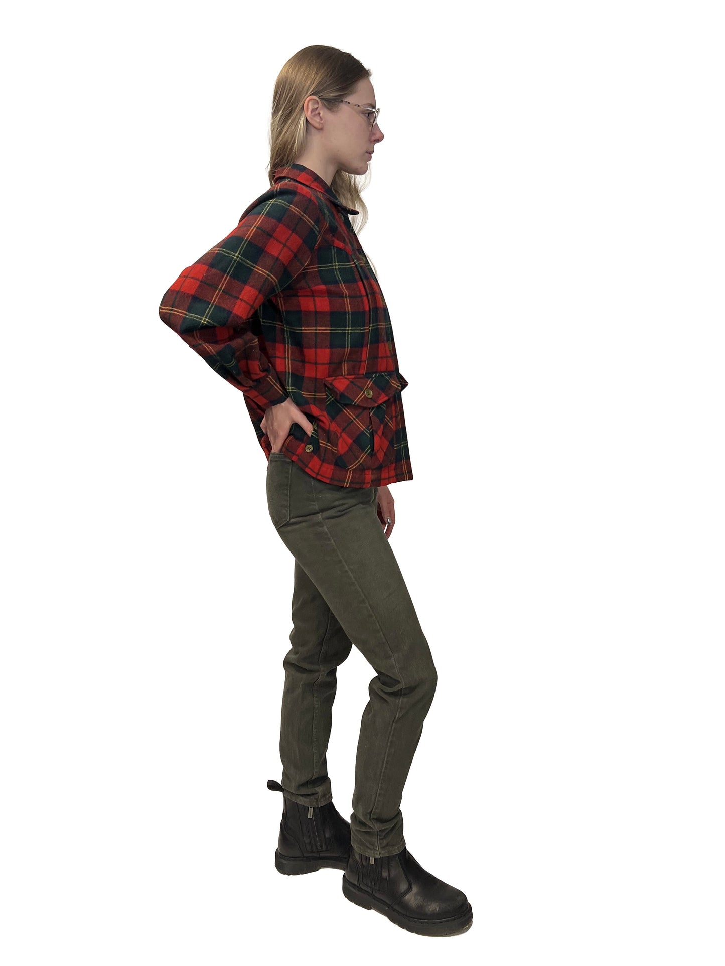 1950s Red Green Plaid ‘American Golfer’ Pleated Plaid Wool Shirt Jac