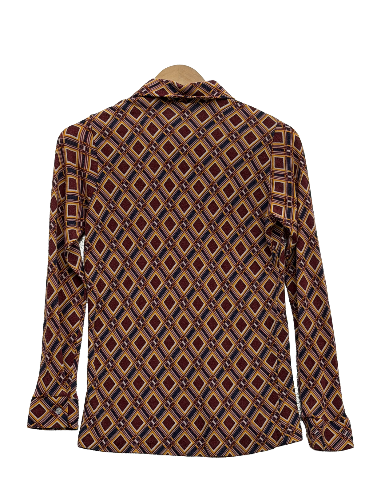 1970s Maroon Navy Diamond Print Fitted Shirt