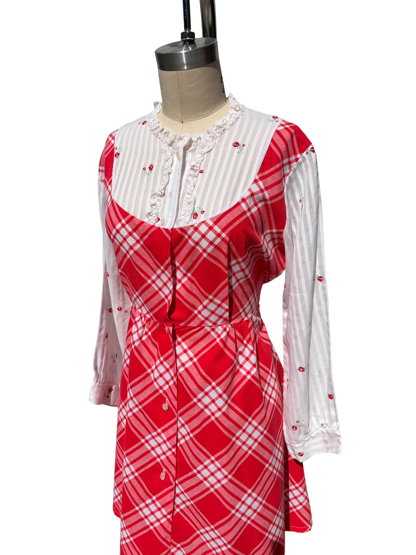1970s Red Check Frilly Layered Look Cotton Babydoll Dress