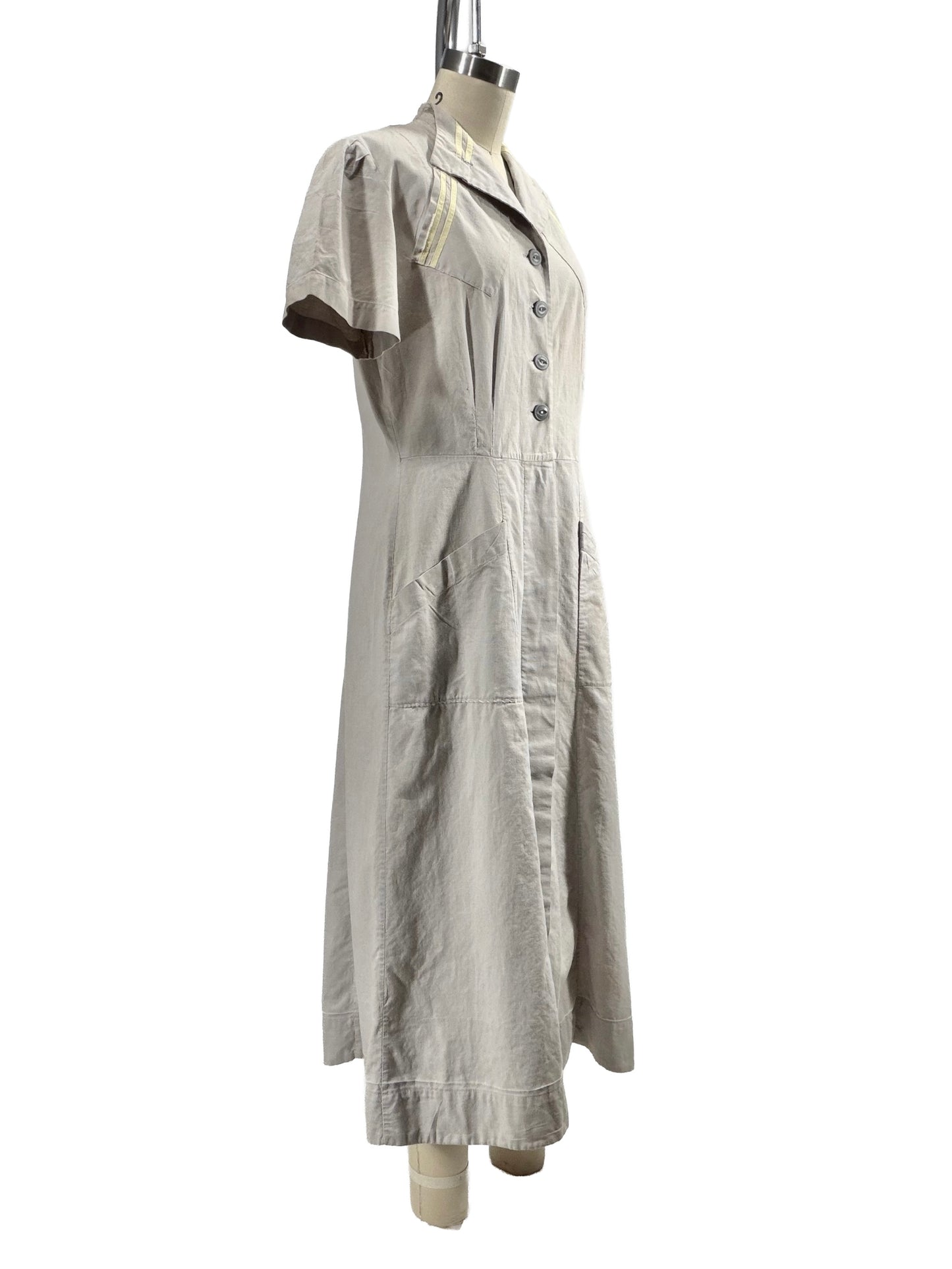 1930s Gray Distressed Cotton Uniform Smock Dress