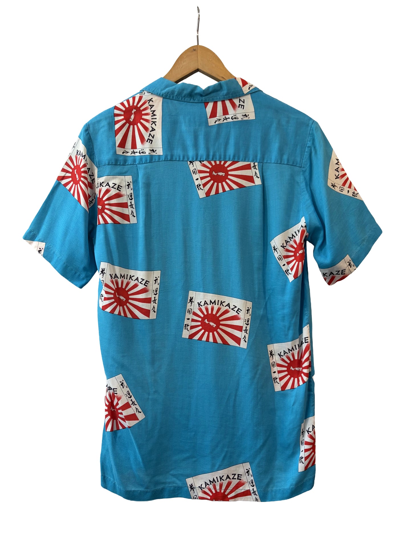 1980s Sky Blue Kamakaze Novelty Print Rayon Camp Shirt