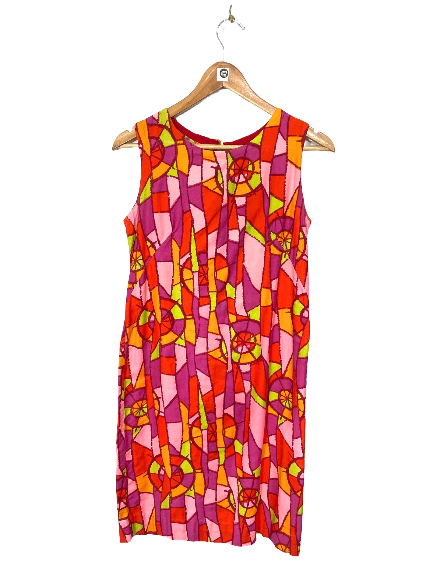 1960s Red Pink Stained Glass Cotton Sateen Shift Dress