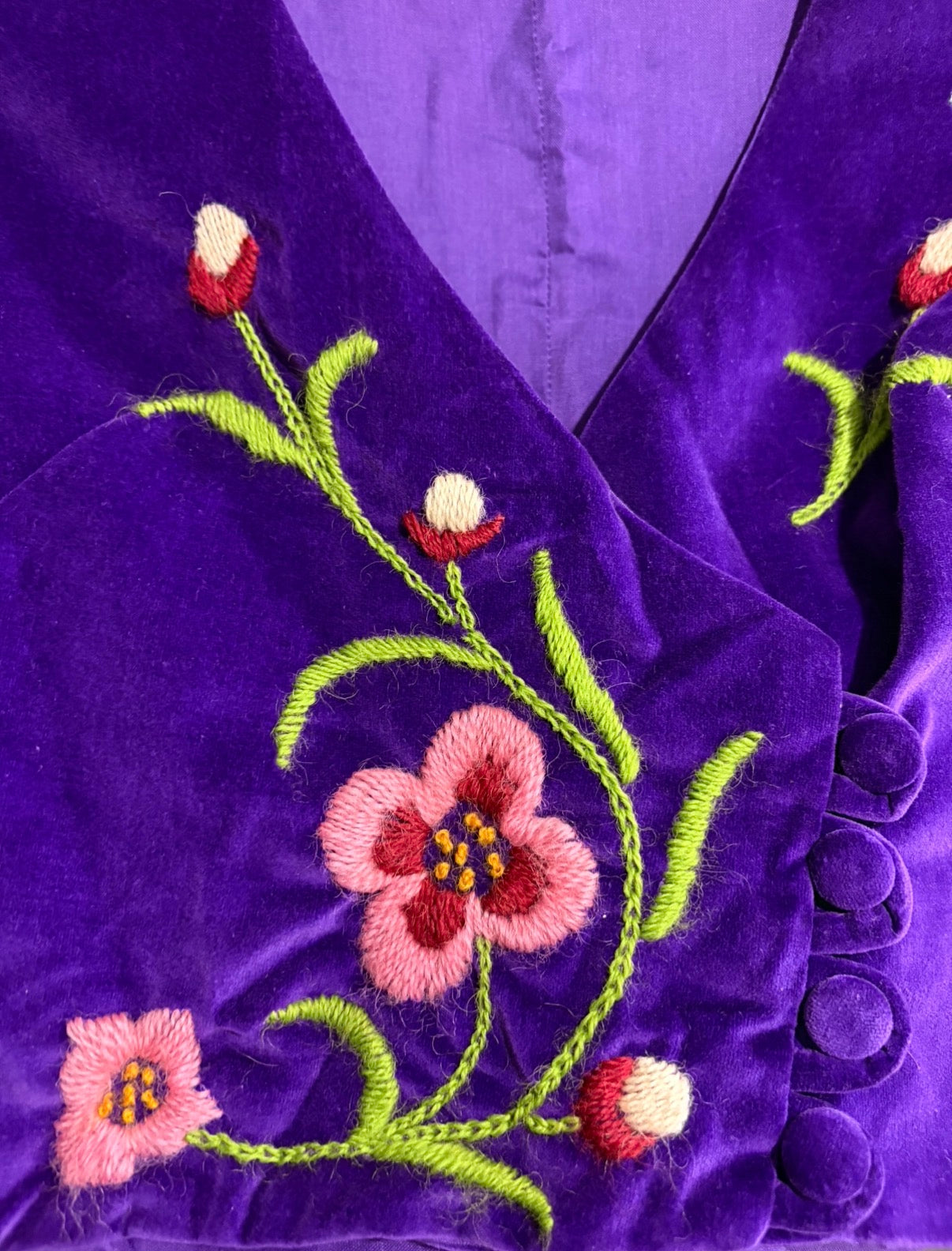 1970s Royal Purple Velvet Embroidered Asymmetrical Bodice