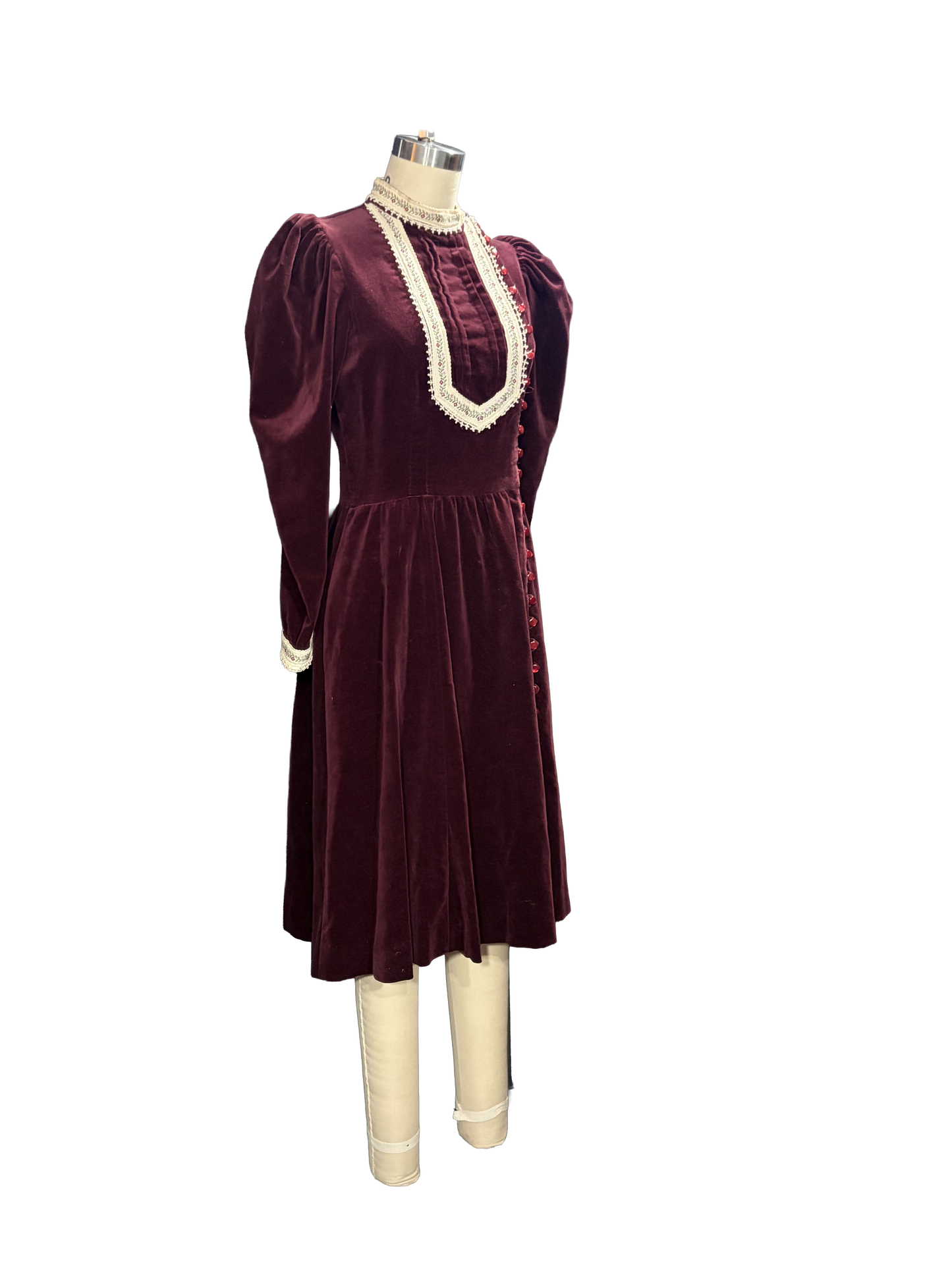 1970s Maroon Velvet Authentic Gunne Sax Edwardian-Inspired Prairie Dress