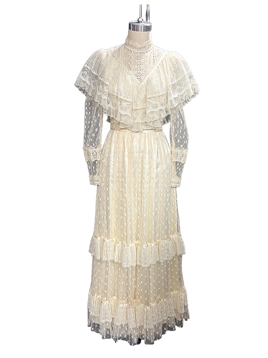 1970s White Lace Authentic Gunne Sax Bridal Collection Edwardian-Inspired Gown