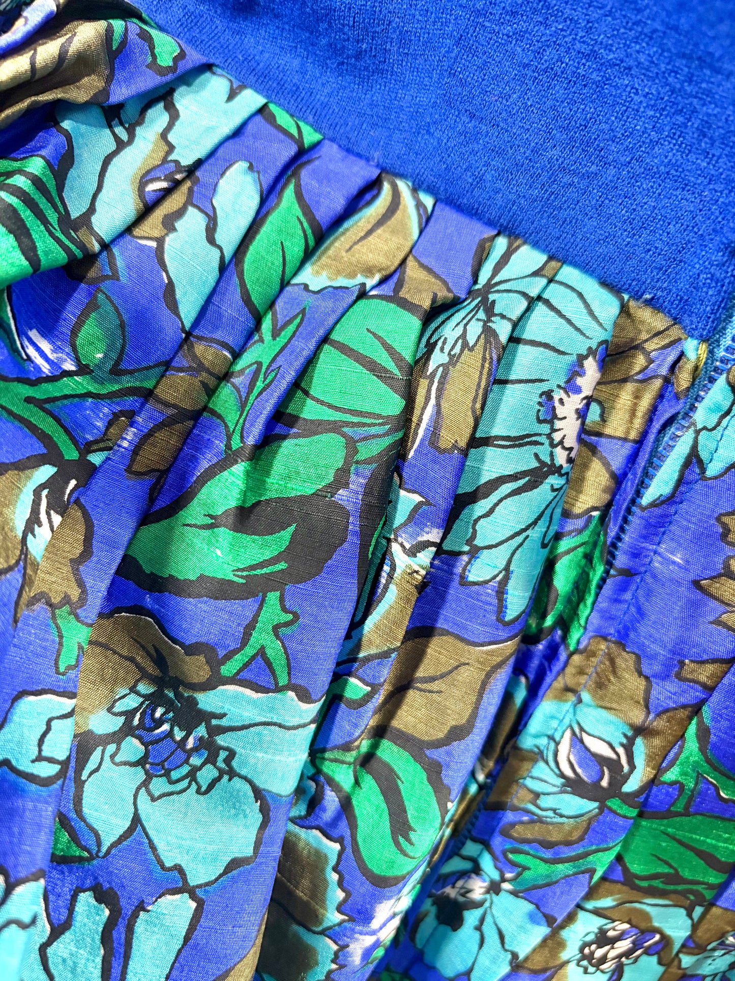 1950s Blue Green Floral Appliqué Wool Silk Dress