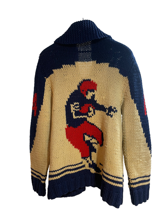 1960s Hand-Knit Wool Tan Navy Red Football Motif Zip Cowichan-Style Cardigan