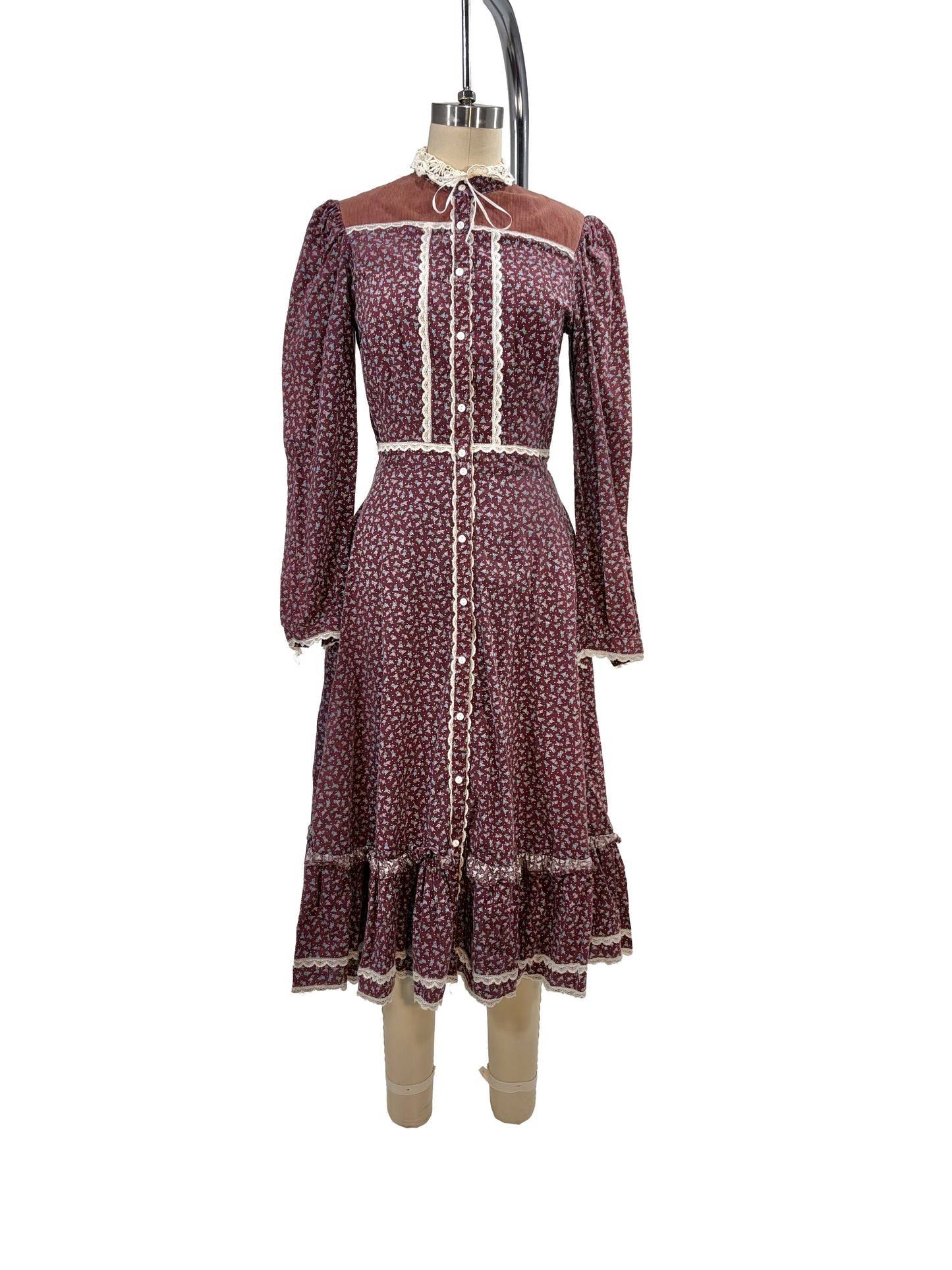1970s Maroon Gunne Sax Ditsy Floral Tiered Cotton Prairie Dress
