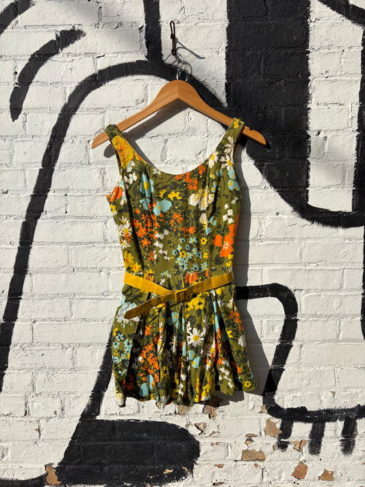 1960s Green Yellow Tones Floral Print Belted Underwire Playsuit