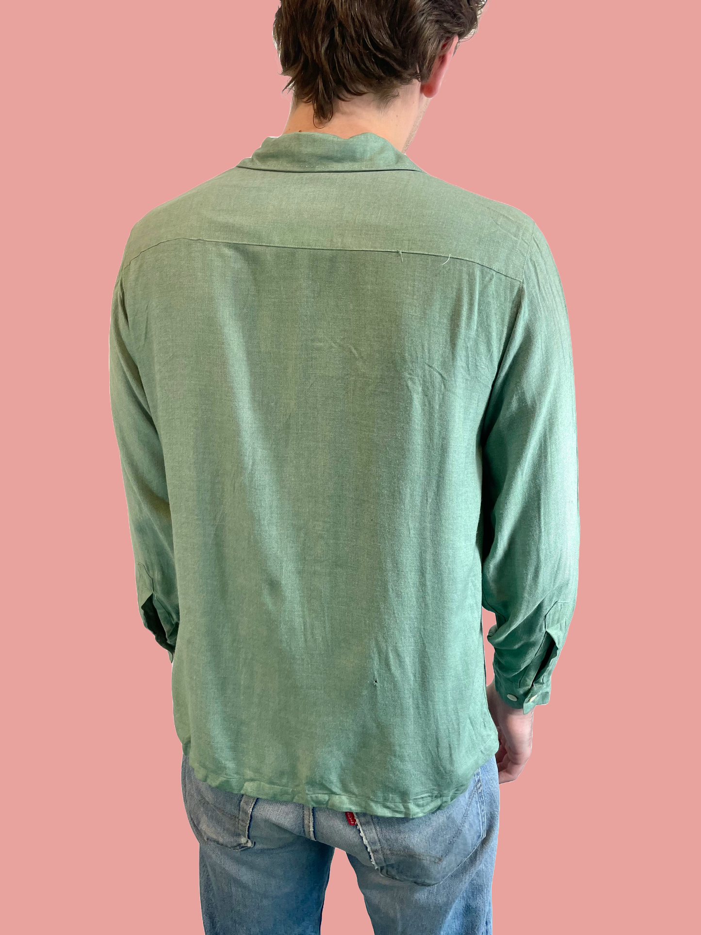1950s XL Moss Green Gabardine Rayon Satin-Yoke Loop Collar Shirt