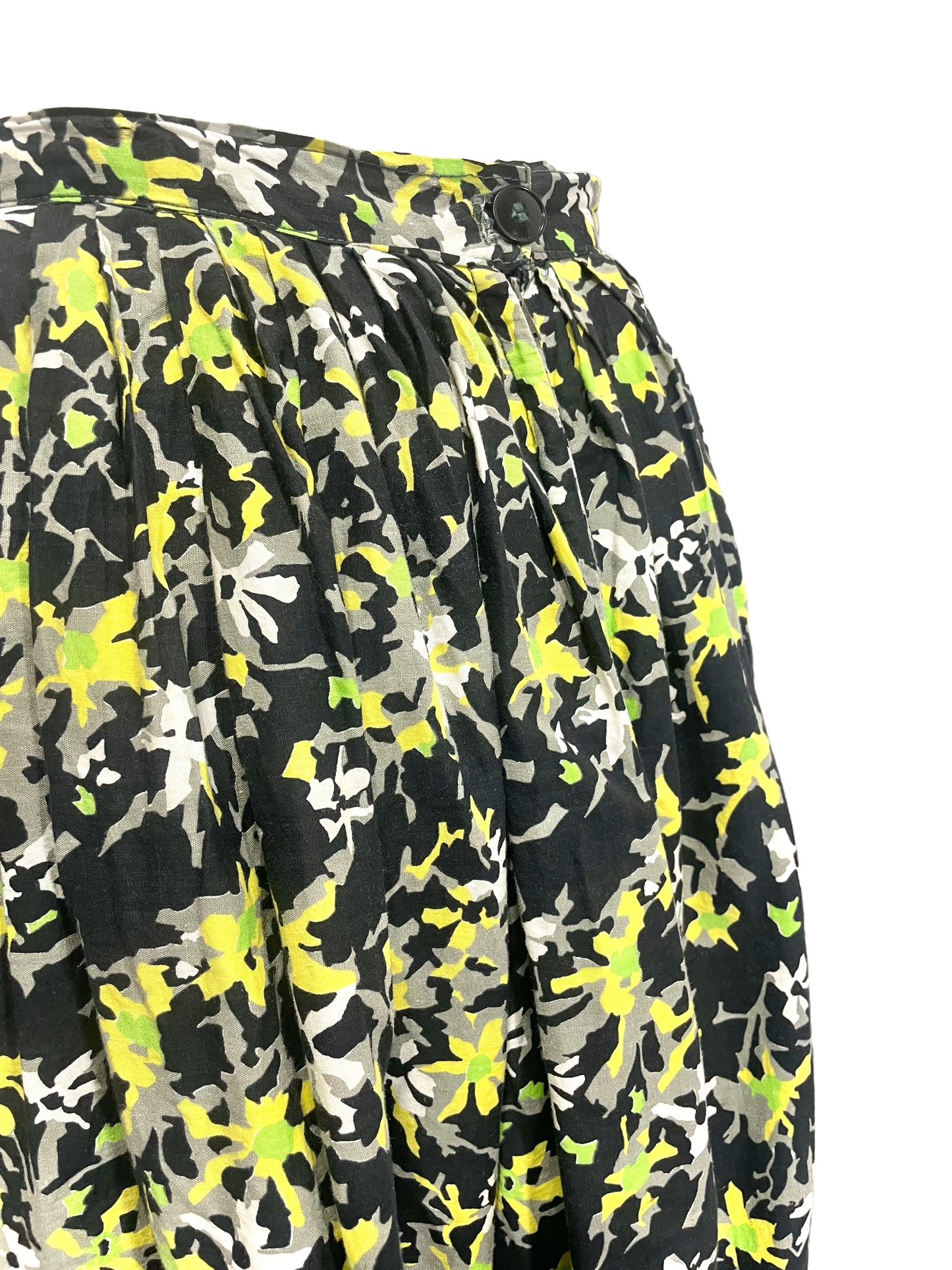 1950s Black Yellow Abstract Floral Pleated Circle Skirt