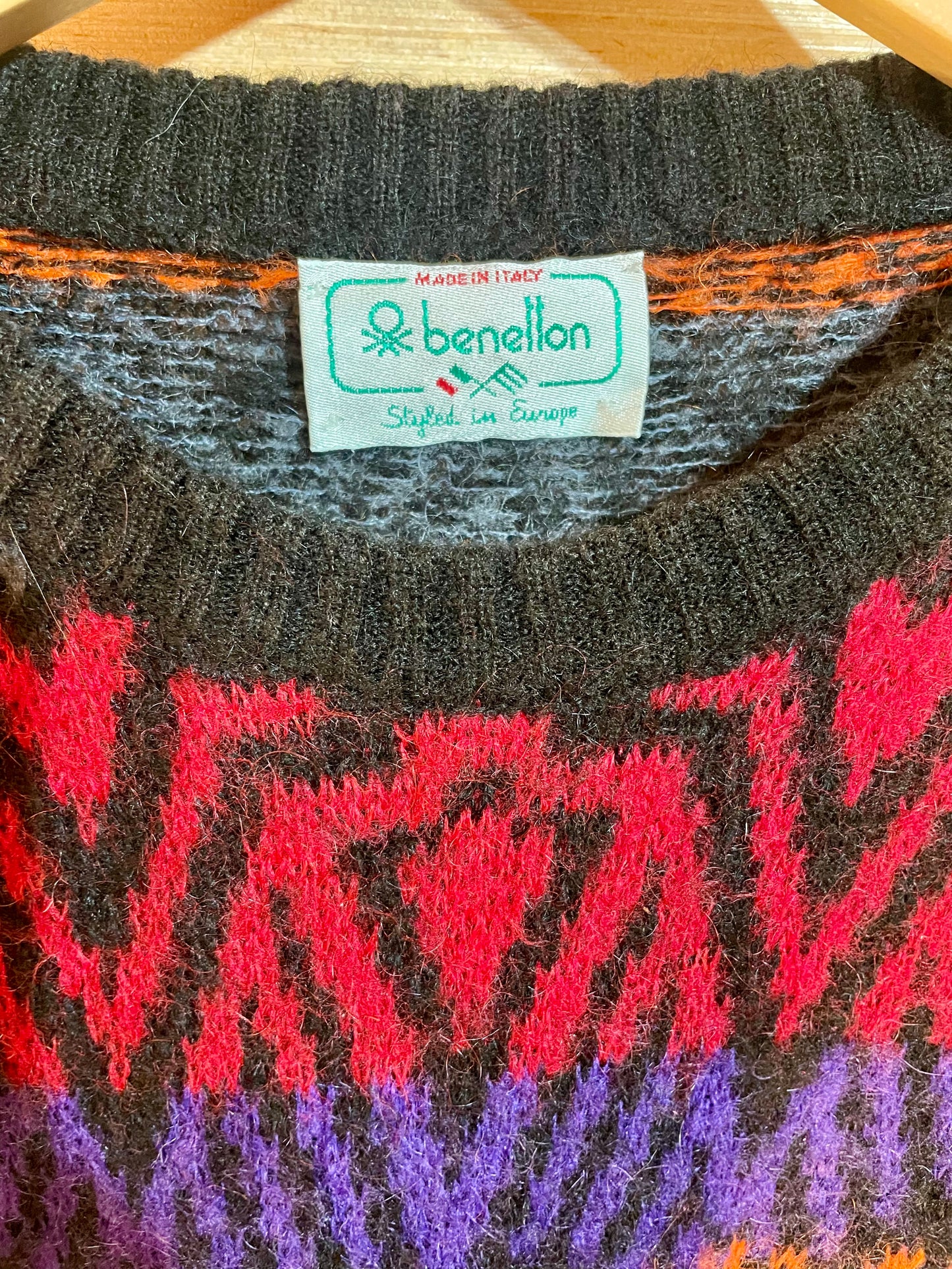 1980s Benetton Mulitcolor Thunderbird Intarsia Acrylic Knit Sweater