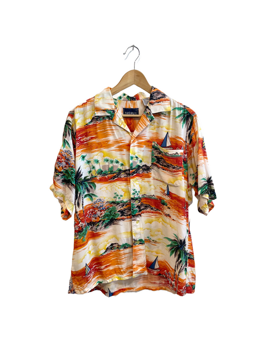 1990s Rayon Orange Sailboat Hawaiian Style Shirt