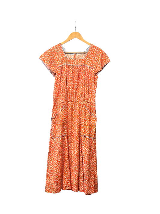 1930s Depression-Era Orange Ditsy Floral Feedsack Cotton Dress