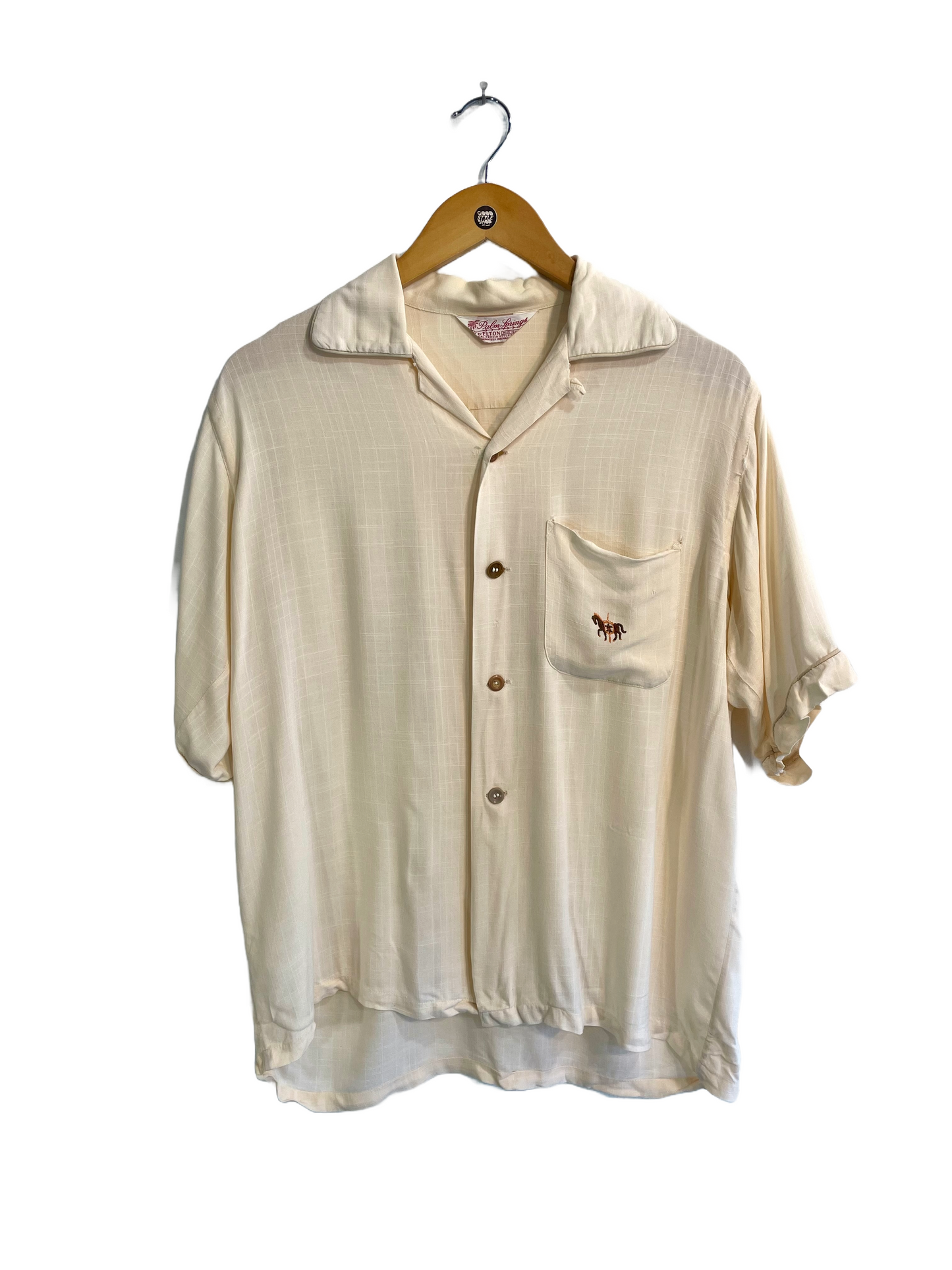 1950s Cream Rayon Loop Collar Equine Emblem Shirt