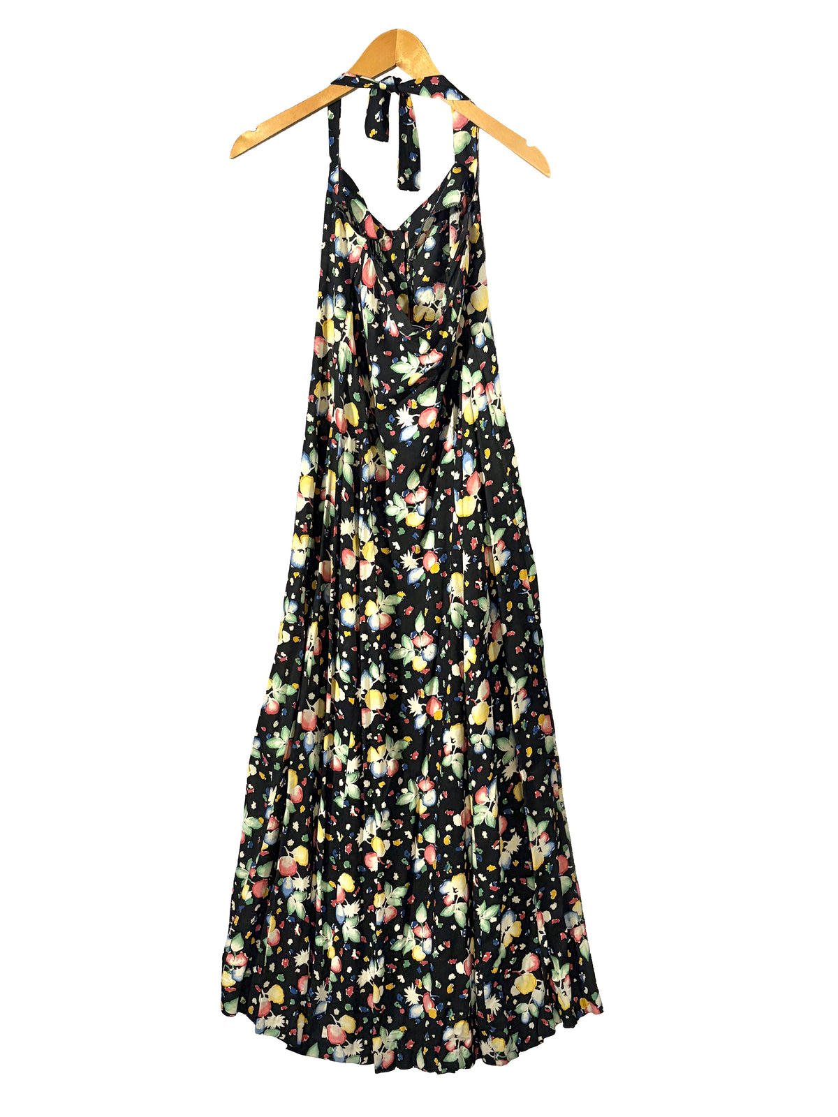 1980s Black Confetti Floral Halter Rayon Dress