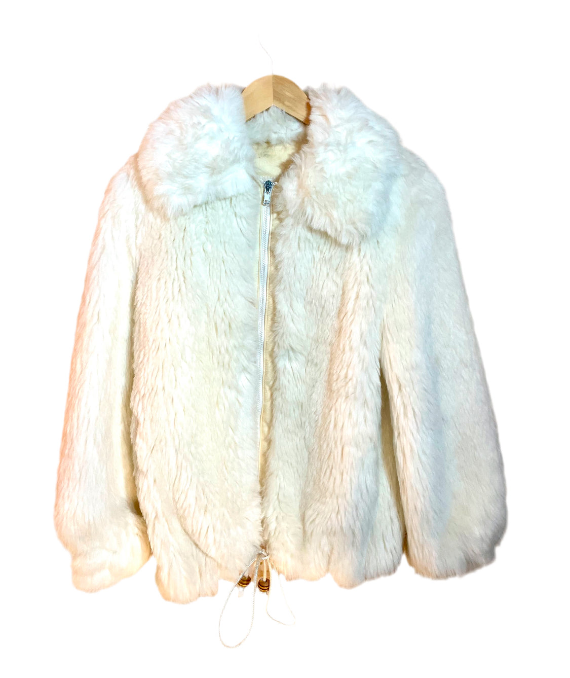 1970s White Faux Fur Wood Bead Drawstring Hem Jacket