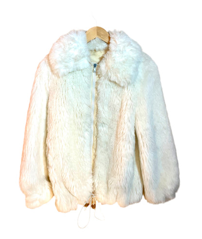 1970s White Faux Fur Wood Bead Drawstring Hem Jacket