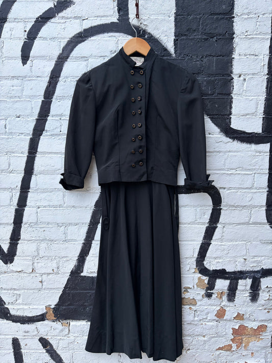 1950s Black ‘Young Hollywood’ Rayon Faille Juliet Bodice Dress with Bolero