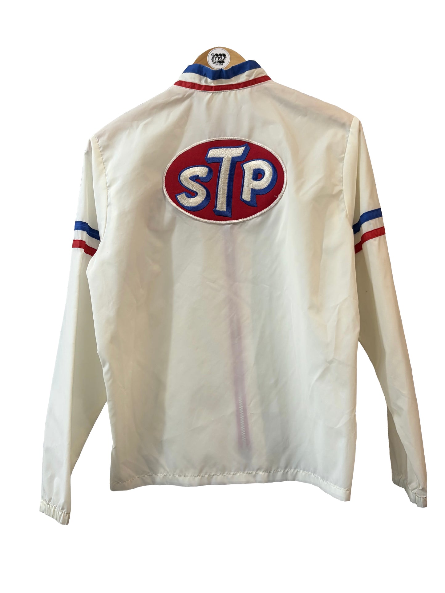 1970s White STP Motorcycle Racing Metal Zip Racer Jacket