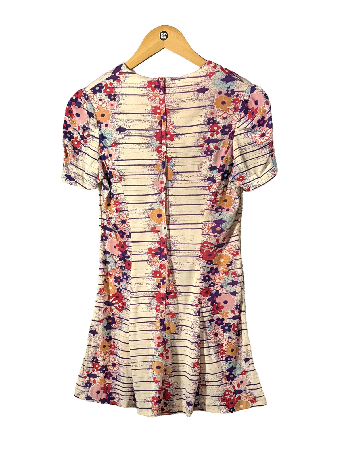 1970s Purple Pink Pop Art Floral Mini Dress